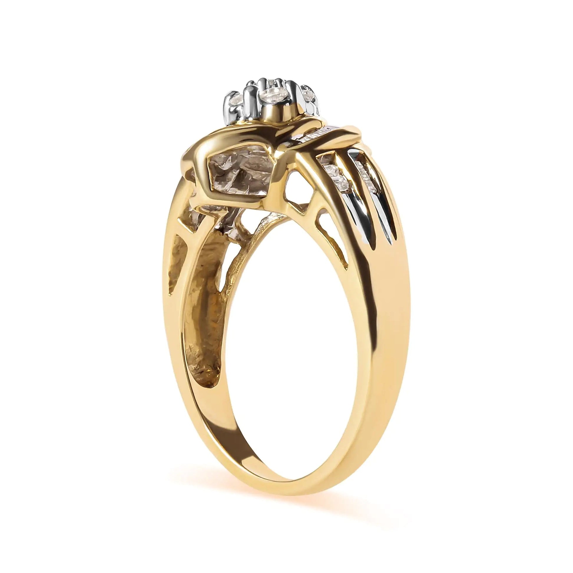 10K Yellow Gold 1/2 Cttw Round and Baguette Diamond Flower Swirl Cocktail Ring (I-J Color, SI2-I1 Clarity) WEM Support (www.WEM.support)