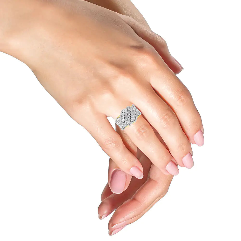 10K Yellow Gold 3.00 Cttw Diamond Multi Row Cluster Band Ring (I-J Color, I3 Clarity) WEM Support (www.WEM.support)