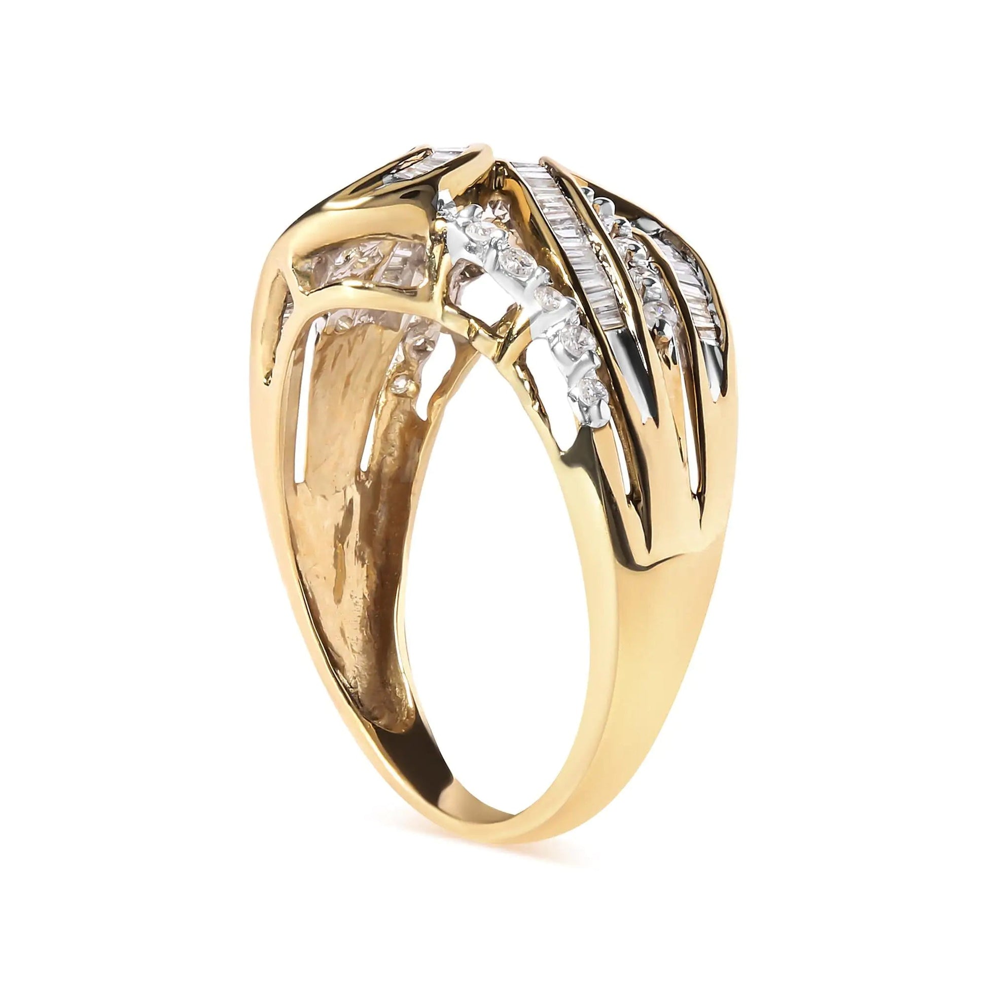 10K Yellow Gold 1/2 Cttw Round and Baguette cut Diamond Open Space Bypass Ring (H-I Color, SI2-I1 Clarity) WEM Support (www.WEM.support)