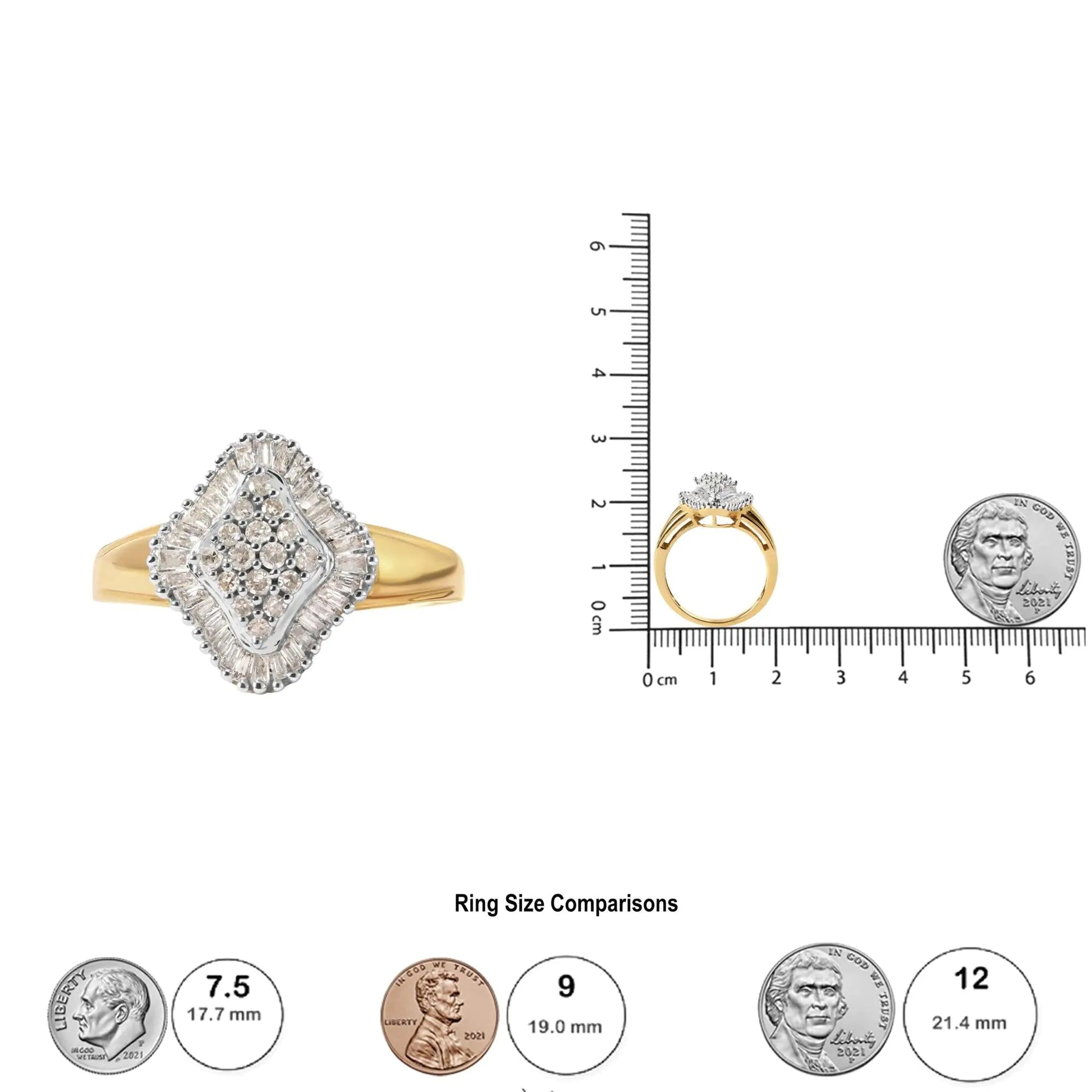 10K Yellow Gold 1/2 Cttw Round And Baguette-cut Diamond Rhombus Head and Halo Ring (I-J Color, I1-I2 Clarity) WEM Support (www.WEM.support)