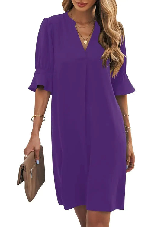 Wkior Shift Dress for Women V Neck Short Sleeves Solid Color Casual Flowy Summer Dresses(S-2XL) Medium B1-purple My Store