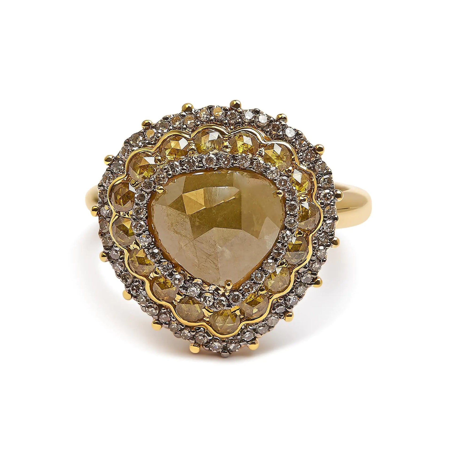 14K Yellow Gold 3.00 Cttw Yellow Rose Cut and White Diamond Halo Cocktail Ring (Yellow/I-J Color, I1-I2 Clarity) - Size 7 WEM Support (www.WEM.support)