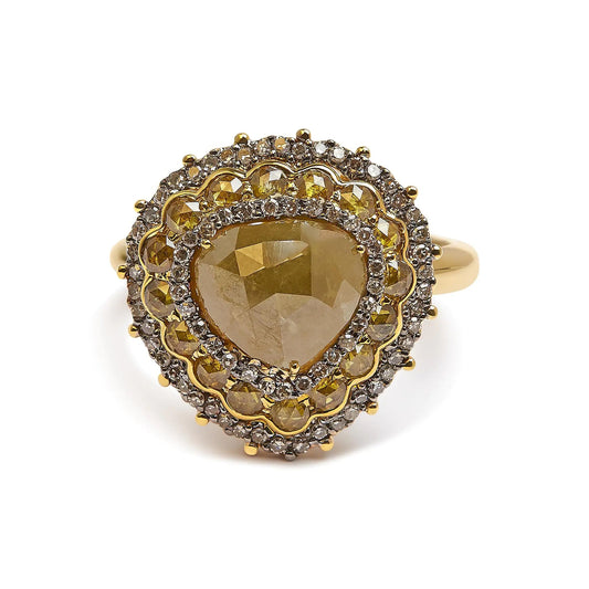 14K Yellow Gold 3.00 Cttw Yellow Rose Cut and White Diamond Halo Cocktail Ring (Yellow/I-J Color, I1-I2 Clarity) - Size 7 WEM Support (www.WEM.support)