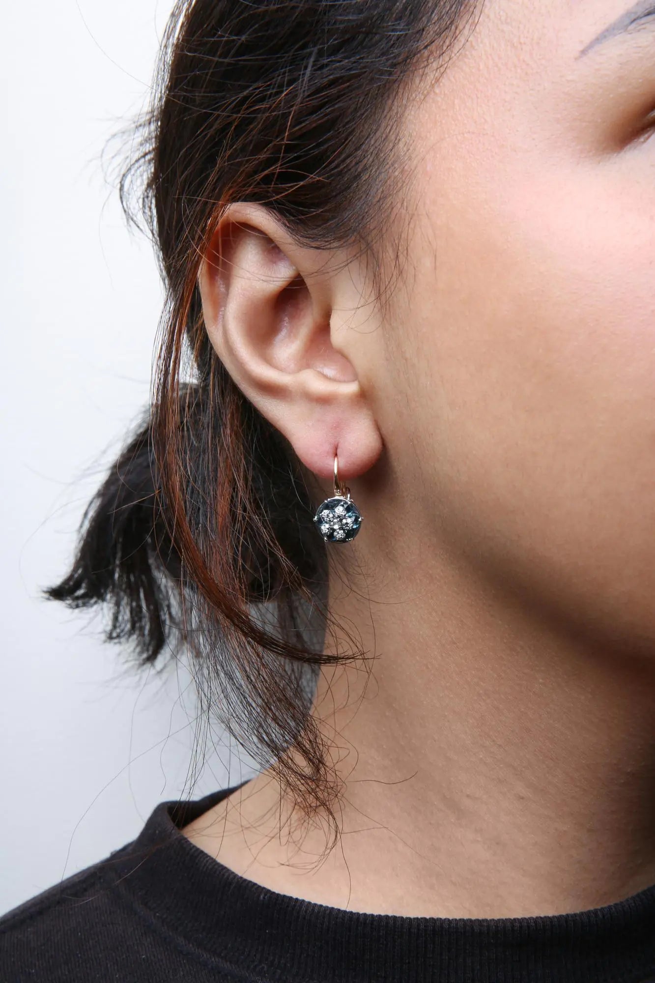 18K Rose and White Gold 1/3 Cttw Round Diamonds and Round London Blue Topaz Gemstone Cluster Floral Drop Hoop Earrings (G-H Color, SI1-SI2 Clarity) WEM Support (www.WEM.support)