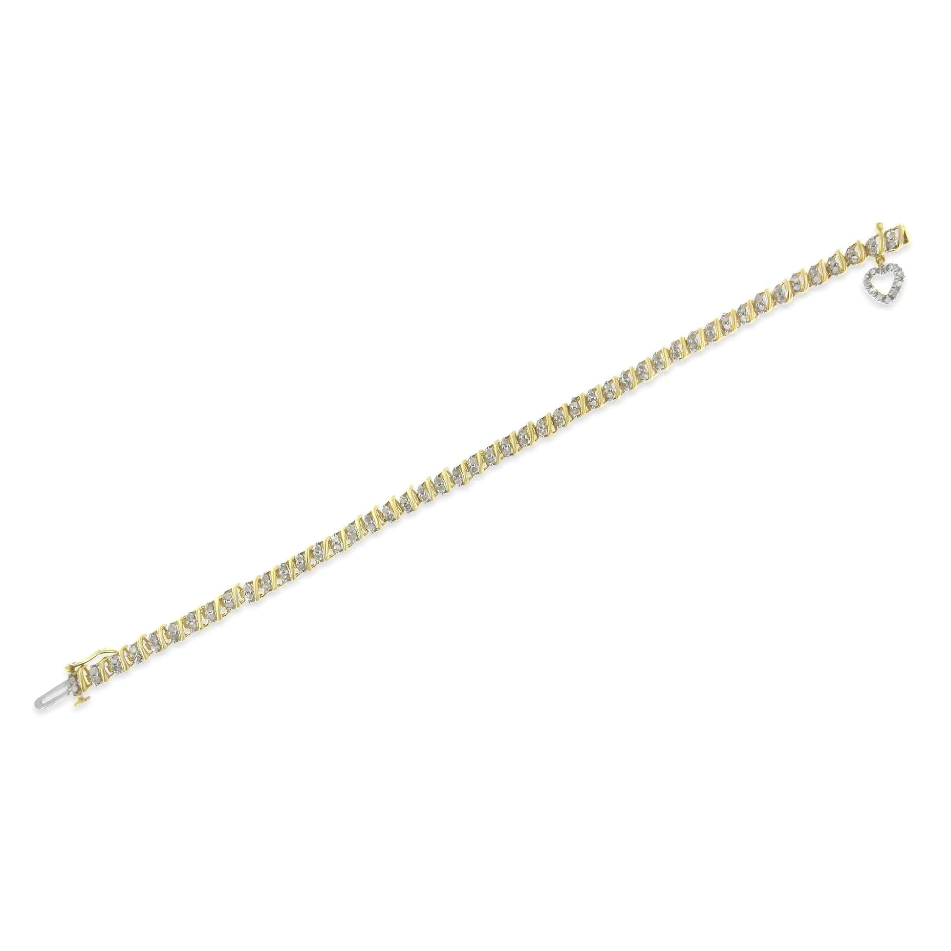 10K Yellow Gold 2.0 Cttw Diamond 2 Row Link and Heart Charm 7" Link Bracelet (I-J Color, I3 Clarity) WEM Support (www.WEM.support)
