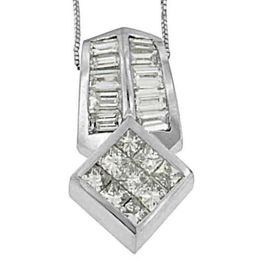 14K White Gold 1 1/2 cttw Princess and Baguette Cut Diamond Multi-shape Pendant Necklace (G-H, VS1-VS2) WEM Support (www.WEM.support)