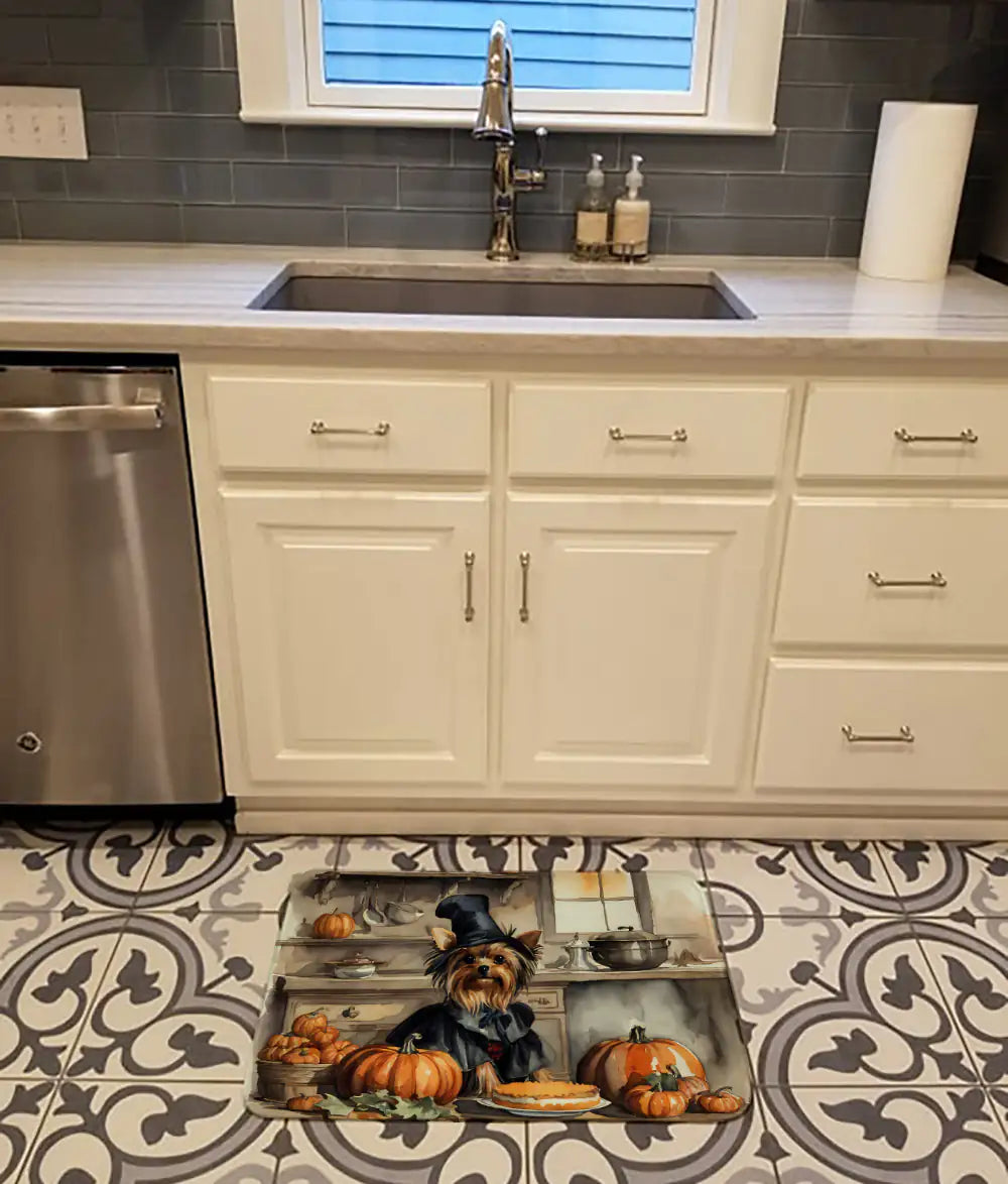 Yorkie Fall Kitchen Pumpkins Memory Foam Kitchen Mat WEM Support (www.WEM.support)