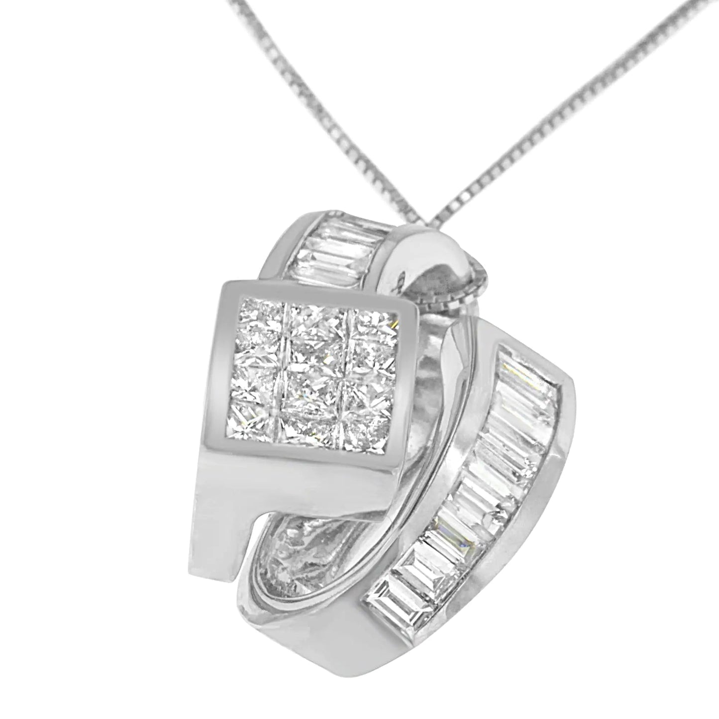 14K White Gold 2 cttw Princess and Baguette Cut Diamond Double Loop Pendant Necklace (G-H, VS1-VS2) WEM Support (www.WEM.support)