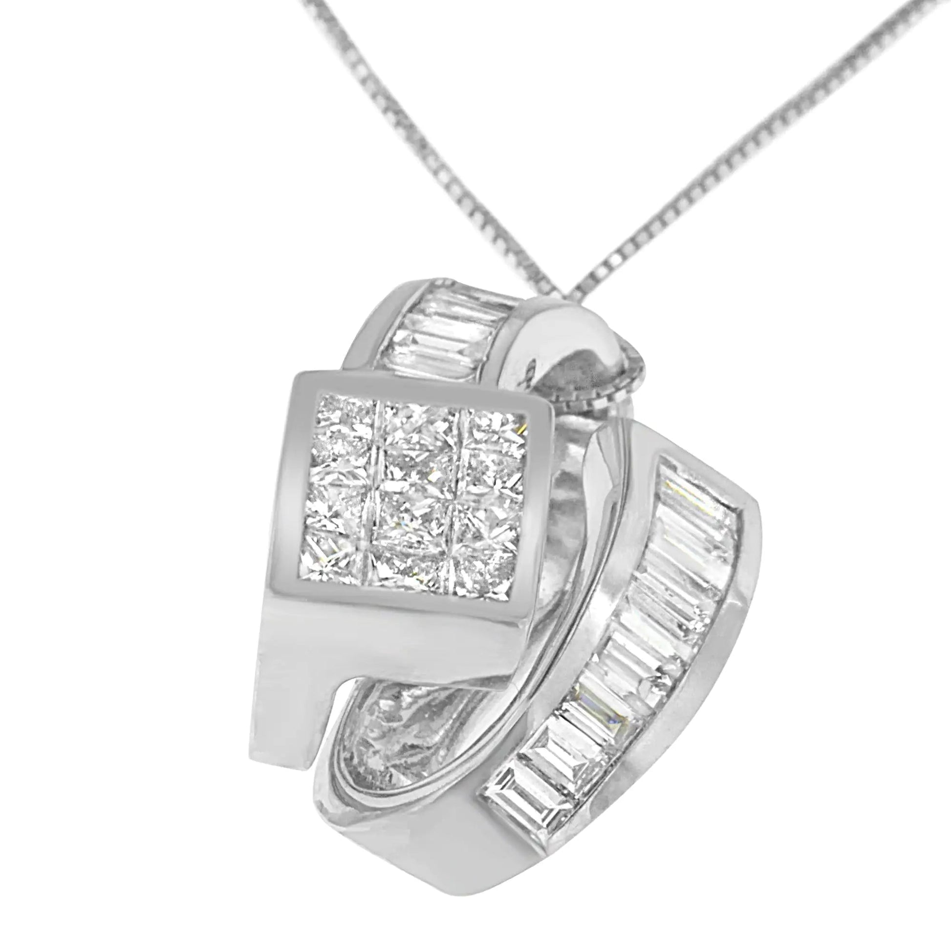 14K White Gold 2 cttw Princess and Baguette Cut Diamond Double Loop Pendant Necklace (G-H, VS1-VS2) WEM Support (www.WEM.support)