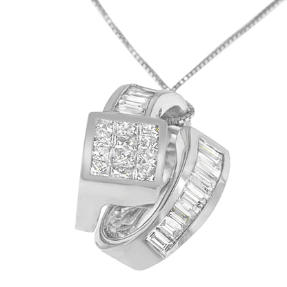 14K White Gold 2 cttw Princess and Baguette Cut Diamond Double Loop Pendant Necklace (G-H, VS1-VS2) WEM Support (www.WEM.support)