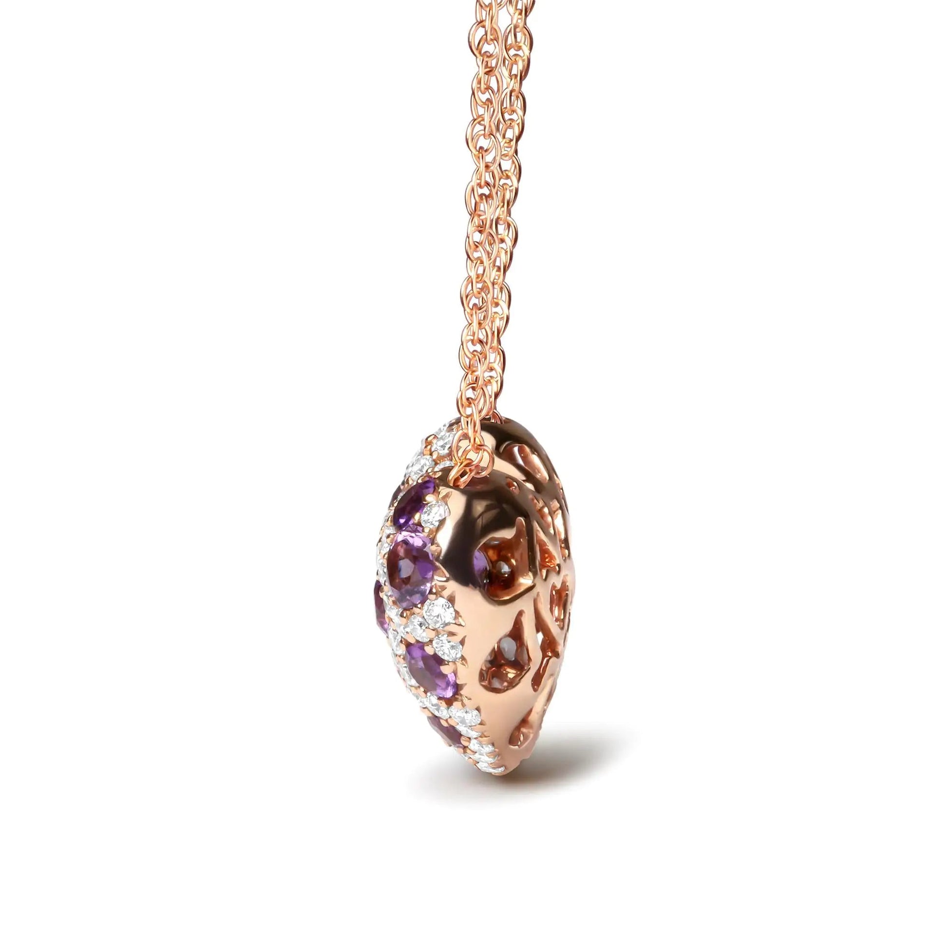 18K Rose Gold 3/4 Cttw Diamond and Purple Amethyst Cluster Heart Shape 18" Pendant Necklace (G-H Color, SI1-SI2 Clarity) WEM Support (www.WEM.support)