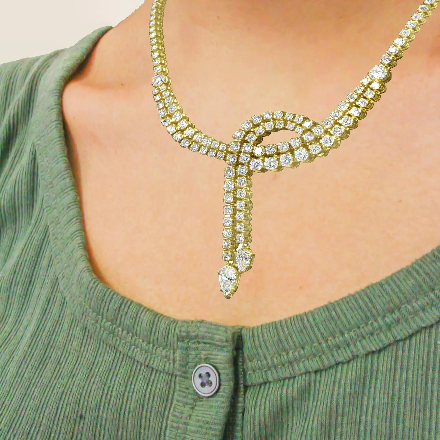 14k Yellow Gold 17.0 Cttw Diamond Double Row Lariat 18" Inch Tennis Necklace with Pear Shape Diamond Drop Tips (I-J Color, VS2-SI1 Clarity) WEM Support (www.WEM.support)
