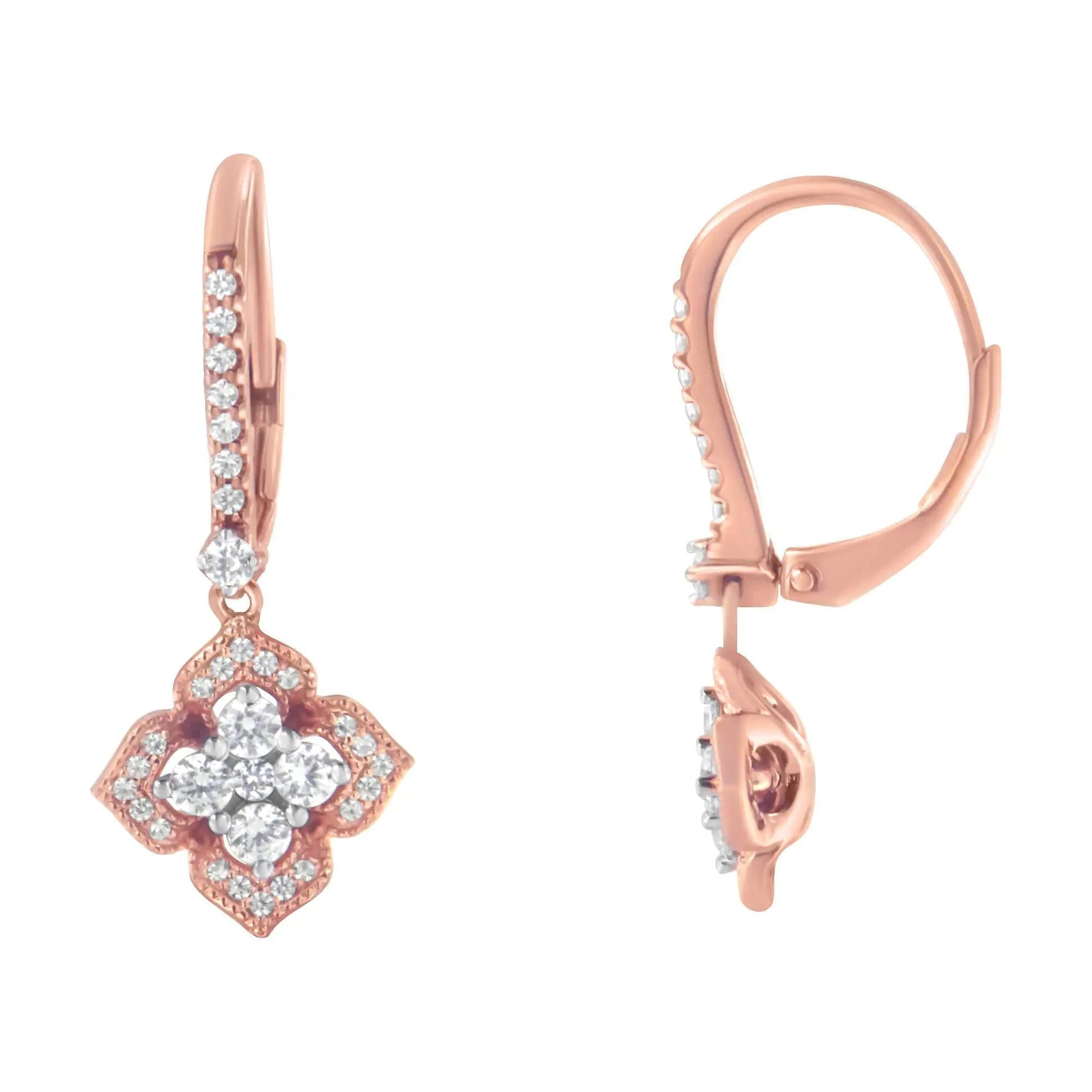 10K Rose Gold 3/4 Cttw Diamond Flower Drop Dangle Earring (I-J Color, I1-I2 Clarity) WEM Support (www.WEM.support)