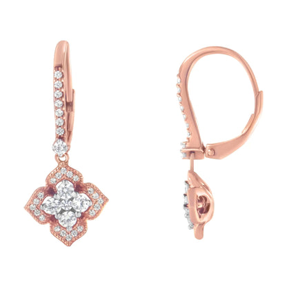 10K Rose Gold 3/4 Cttw Diamond Flower Drop Dangle Earring (I-J Color, I1-I2 Clarity) WEM Support (www.WEM.support)
