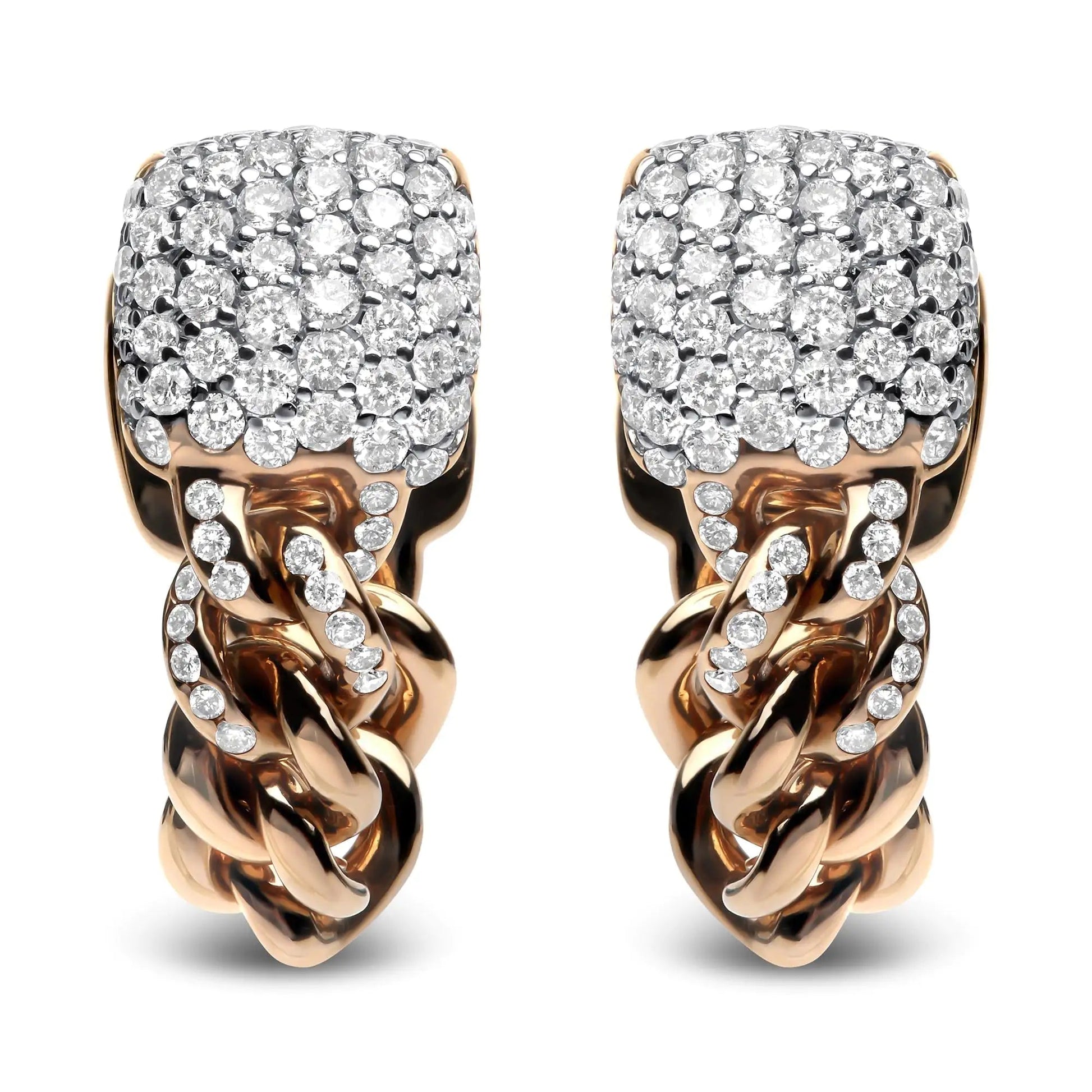 18K Rose Gold 3/4 Cttw Round Diamond Pave Cuban Chain Huggie Earrings (G-H Color, SI1-SI2 Clarity) WEM Support (www.WEM.support)