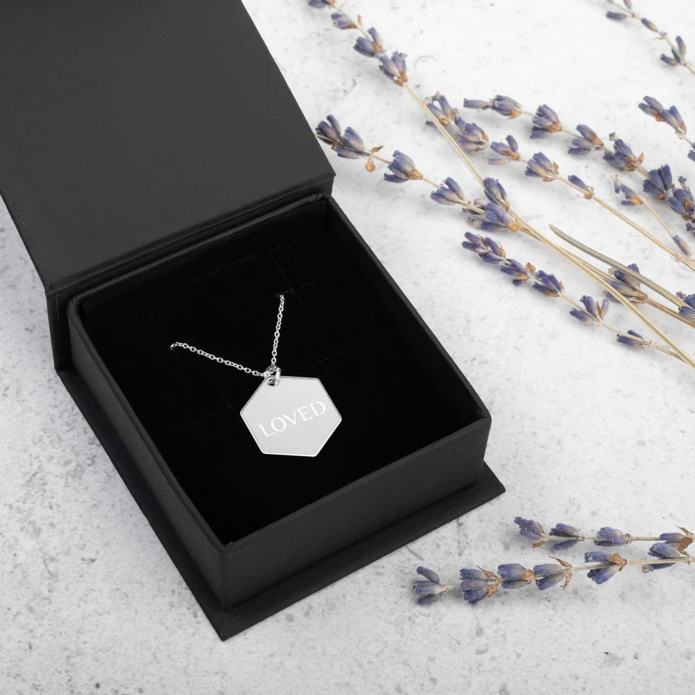 Sterling Silver Loved Hexagon Necklace WEM Support (www.WEM.support)