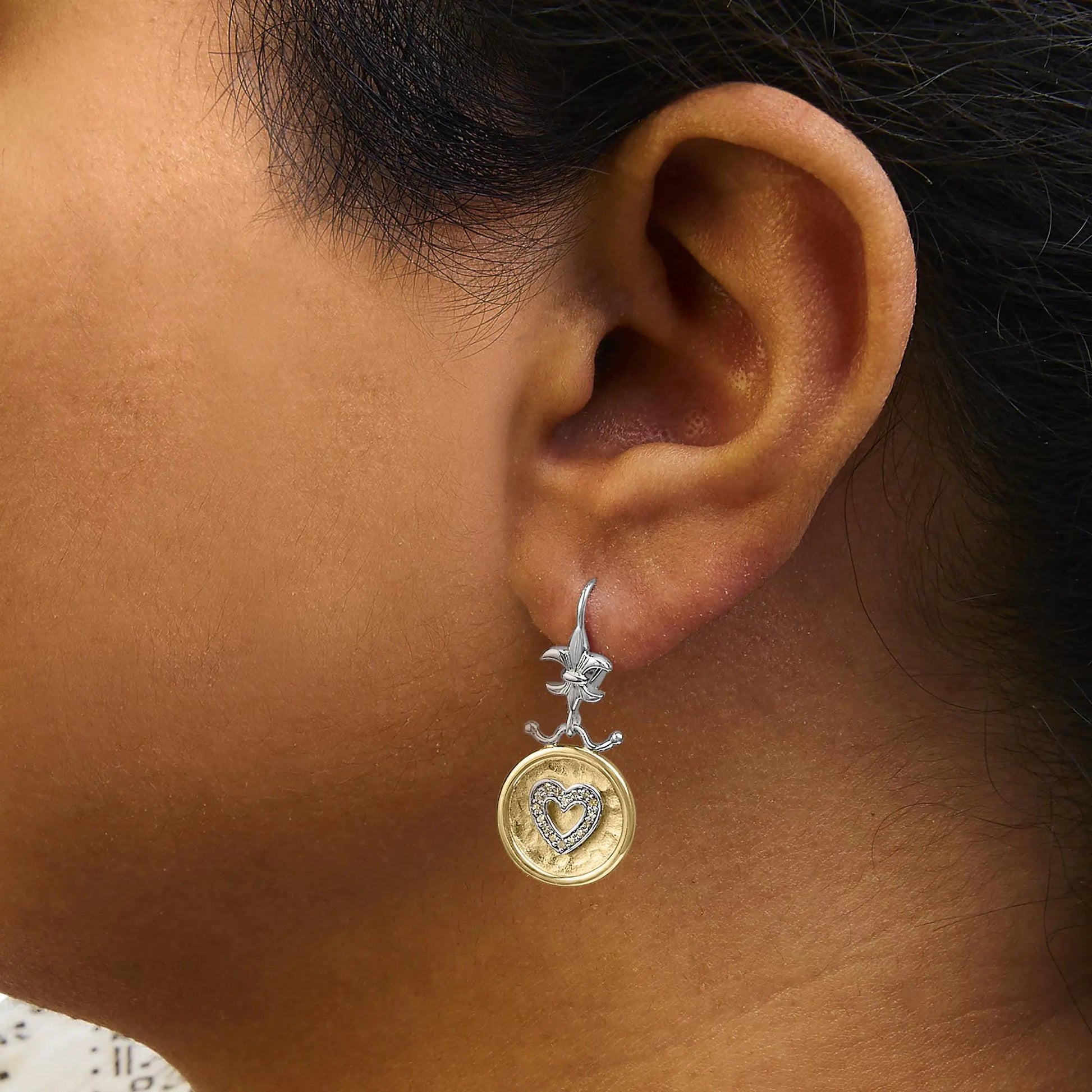 18K Yellow Gold Plated .925 Sterling Silver 1/8 Cttw Diamond Hammered Finished Medallion Heart Drop and Dangle Earrings (I-J Color, SI1-SI2 Clarity) WEM Support (www.WEM.support)
