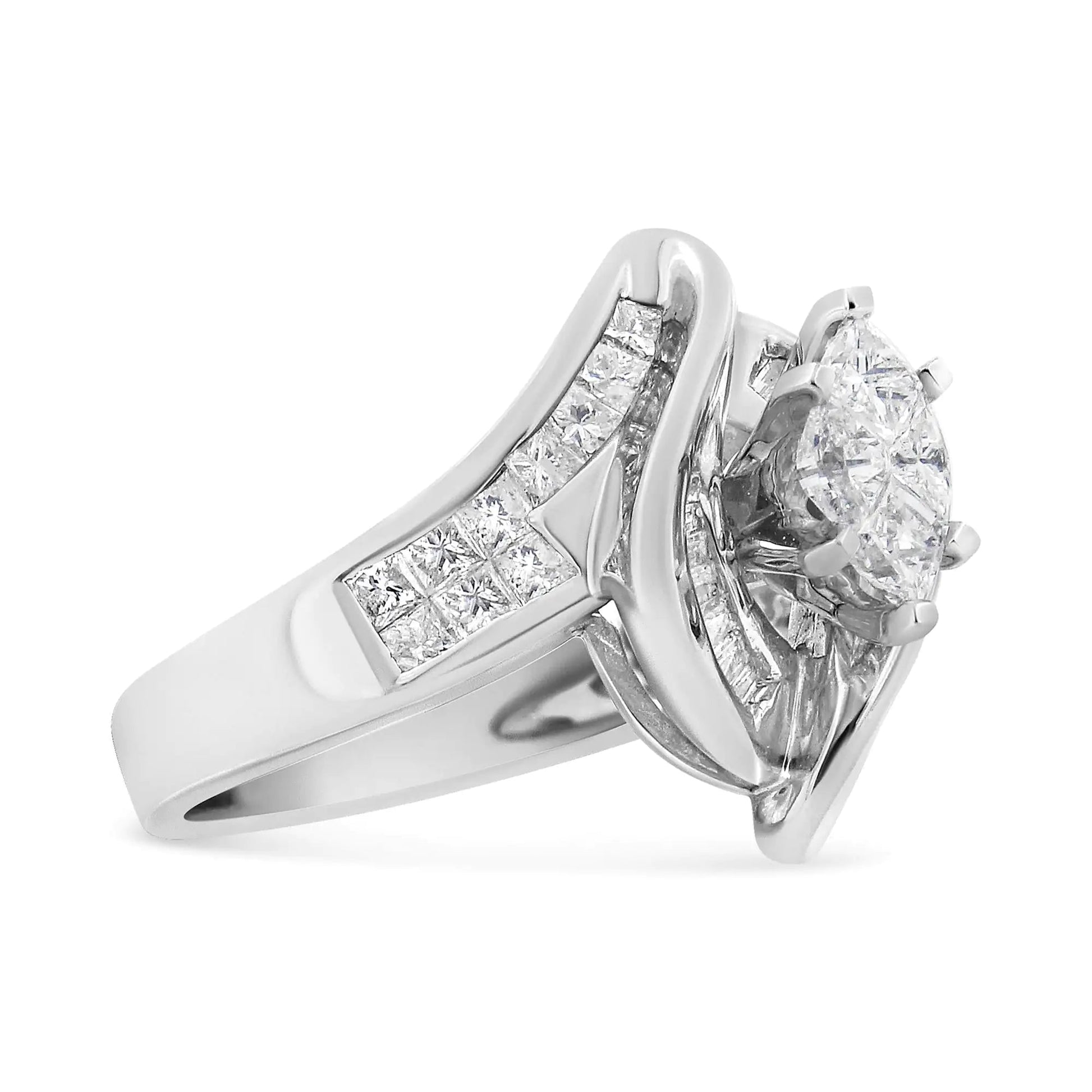 14K White Gold 1 1/4 Cttw Pie, Baguette and Princess cut Diamond Marquise Shape Engagement Cocktail Ring (H-I Color, SI2-I1 Clarity) WEM Support (www.WEM.support)
