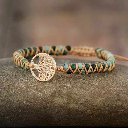 Tree Charm African Jasper Braided Yoga Bracelet WEM Support (www.WEM.support)