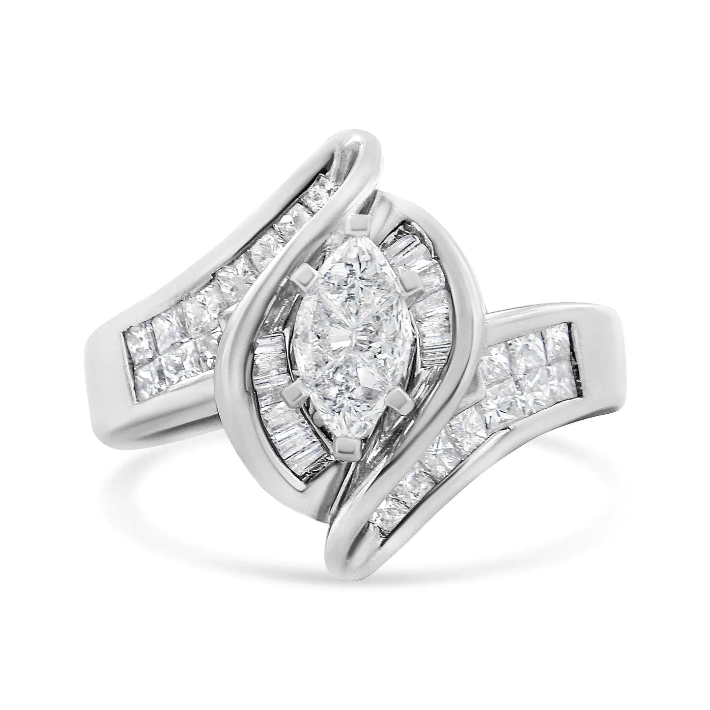 14K White Gold 1 1/4 Cttw Pie, Baguette and Princess cut Diamond Marquise Shape Engagement Cocktail Ring (H-I Color, SI2-I1 Clarity) WEM Support (www.WEM.support)