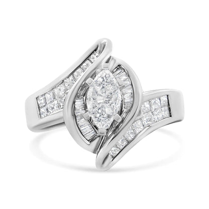 14K White Gold 1 1/4 Cttw Pie, Baguette and Princess cut Diamond Marquise Shape Engagement Cocktail Ring (H-I Color, SI2-I1 Clarity) WEM Support (www.WEM.support)