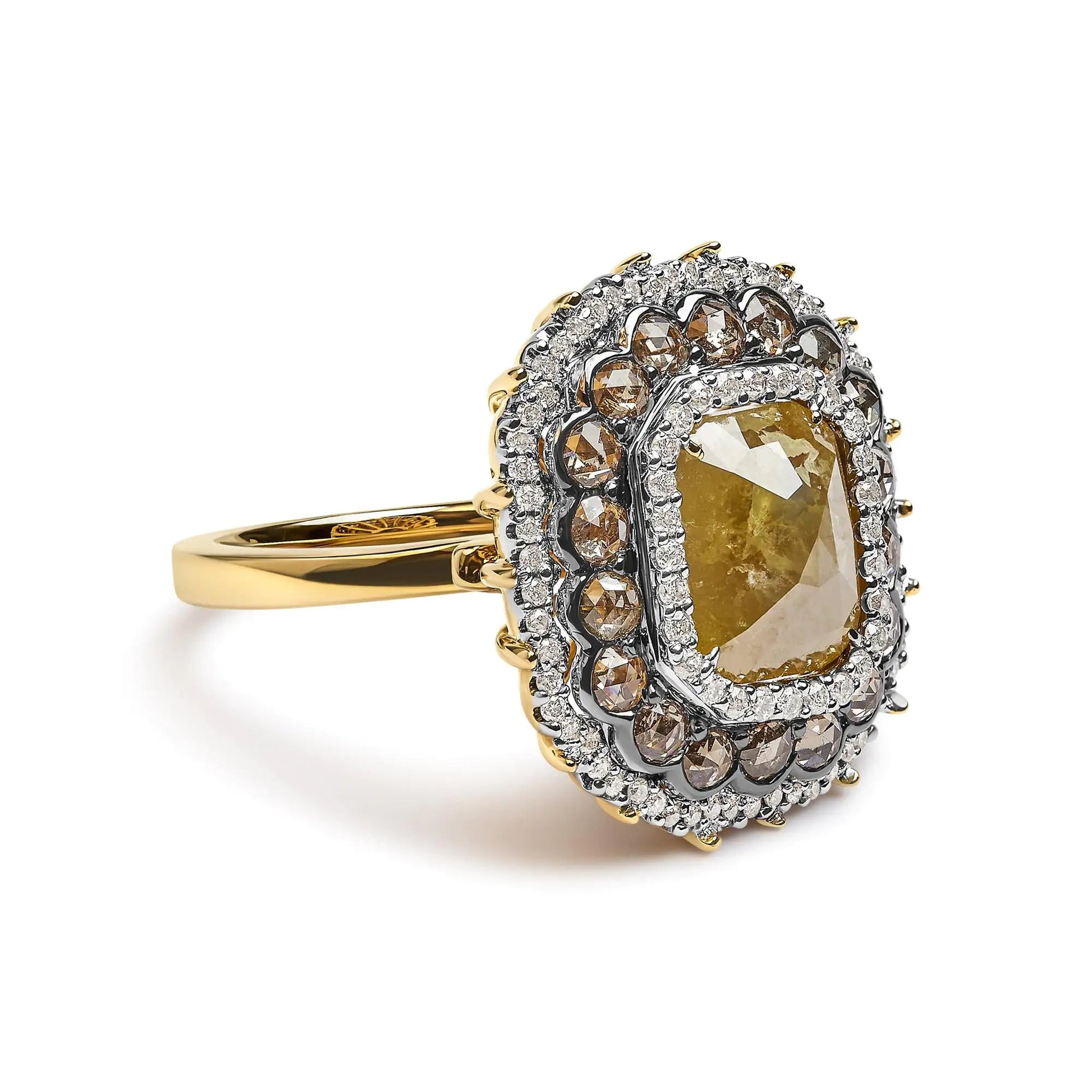 14K Yellow Gold 4 1/4 Cttw Rose Cut Emerald Diamond Triple Halo Cocktail Ring (Fancy Color, I1-I2 Clarity) - Size 7 WEM Support (www.WEM.support)