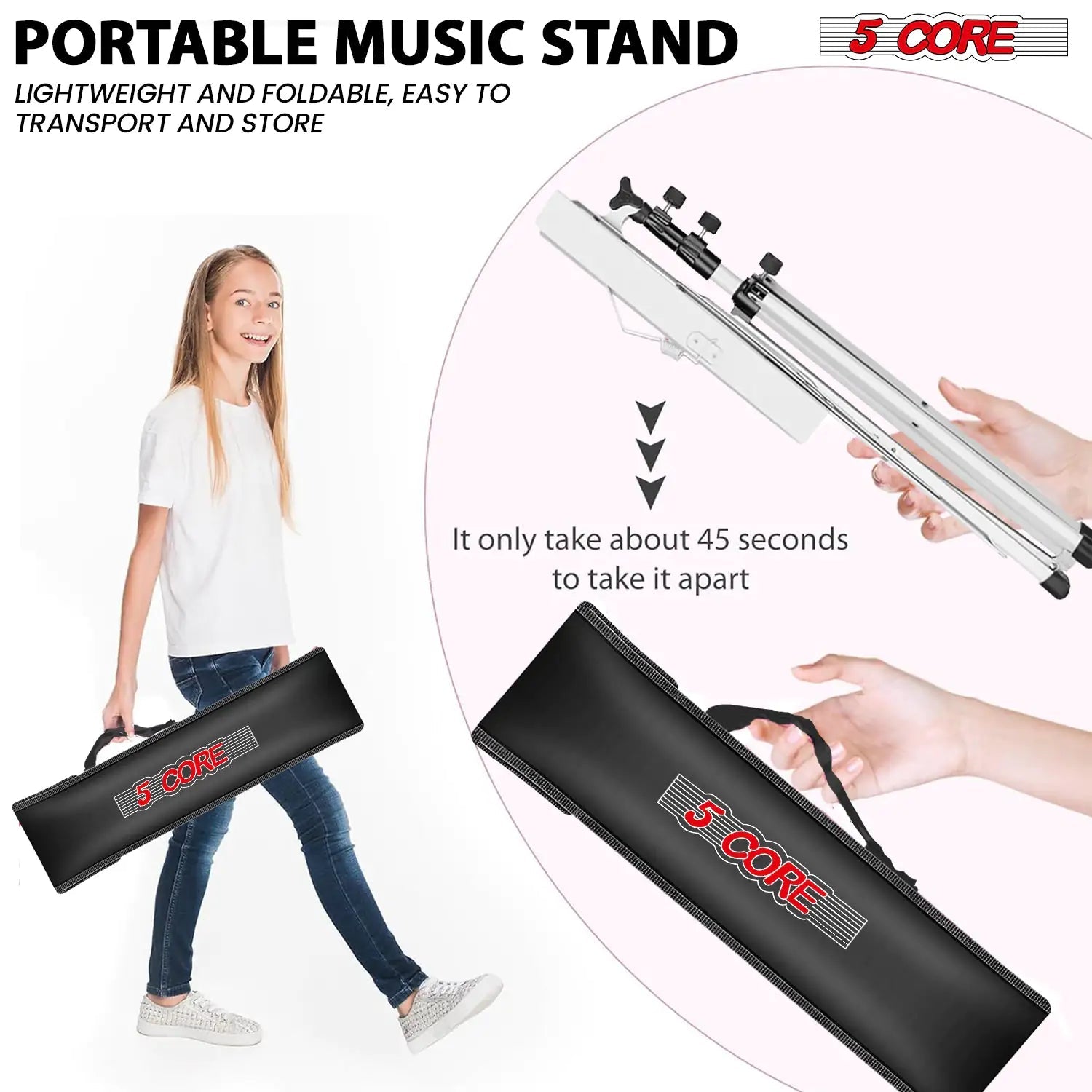 Suporte de Música 5Core para Partituras Portátil Tripé Ajustável Dobrável Porta-Notas BRANCO WEM Support (www.WEM.support)