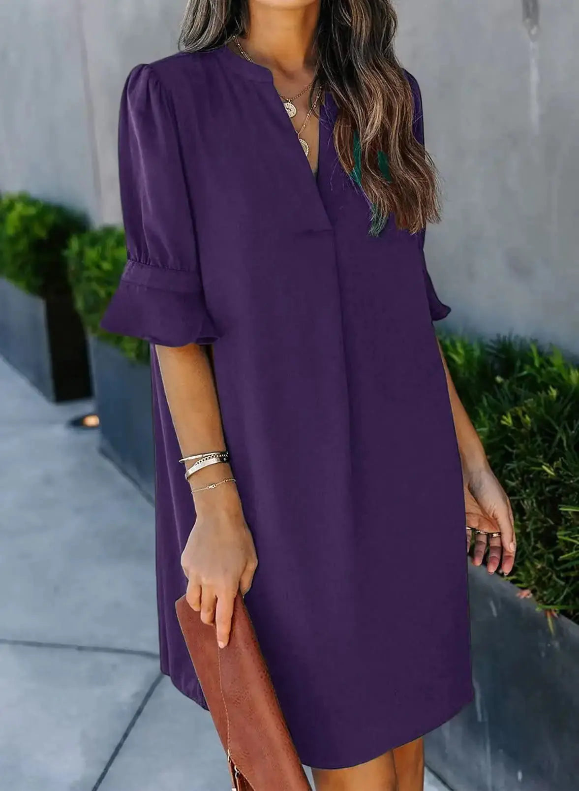Wkior Shift Dress for Women V Neck Short Sleeves Solid Color Casual Flowy Summer Dresses(S-2XL) Medium B1-purple My Store