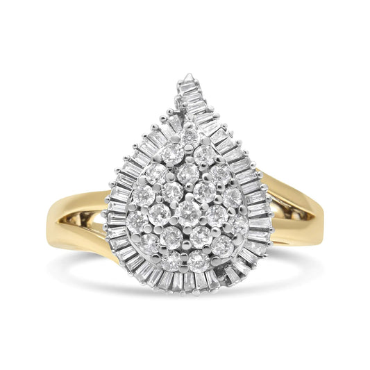 14K Yellow and White Gold 1.00 Cttw Round and Baguette-Cut Diamond Ballerina Cocktail Ring (H-I Color, SI2-I1 Clarity) WEM Support (www.WEM.support)