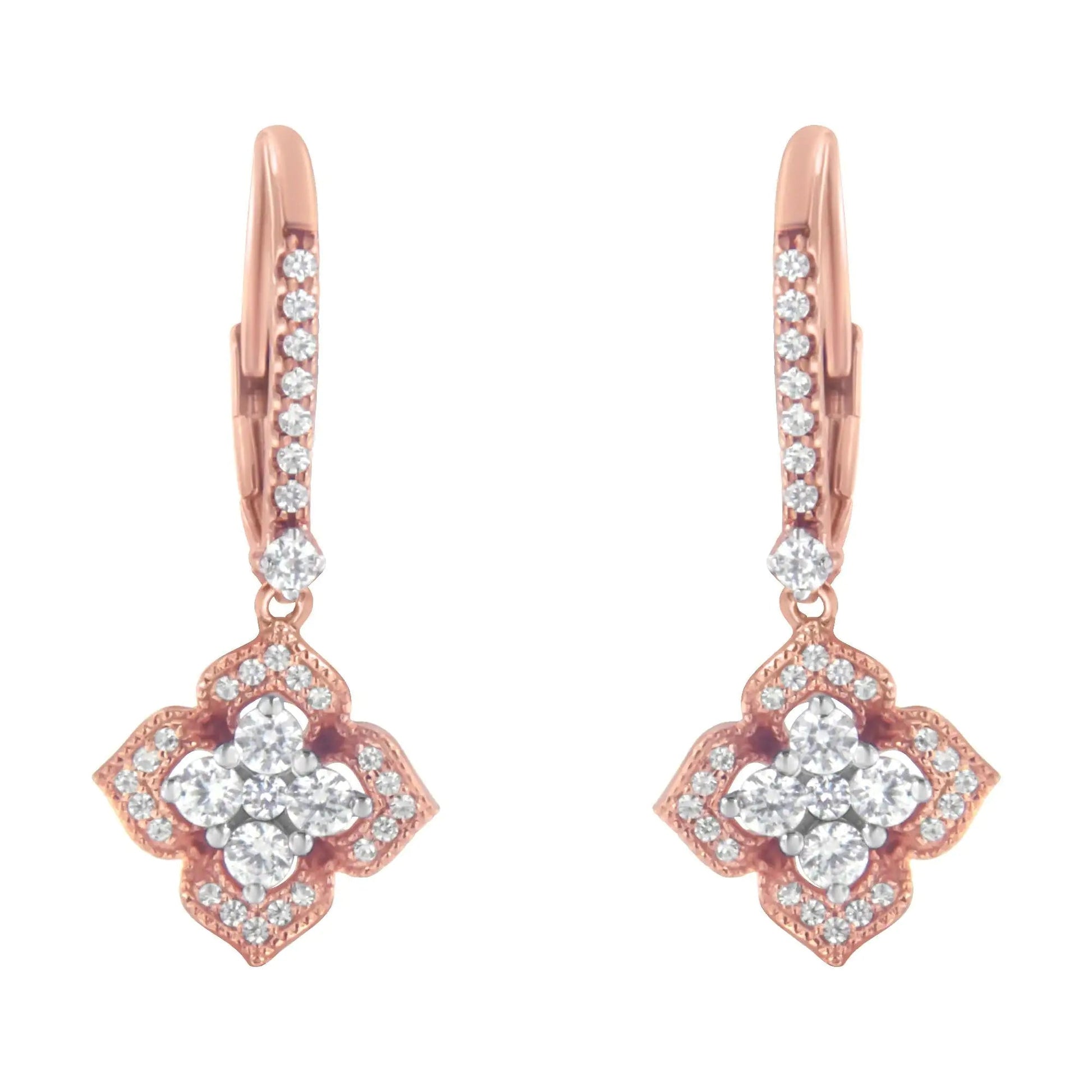 10K Rose Gold 3/4 Cttw Diamond Flower Drop Dangle Earring (I-J Color, I1-I2 Clarity) WEM Support (www.WEM.support)