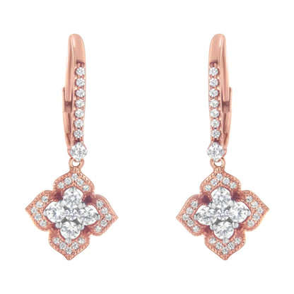 10K Rose Gold 3/4 Cttw Diamond Flower Drop Dangle Earring (I-J Color, I1-I2 Clarity) WEM Support (www.WEM.support)