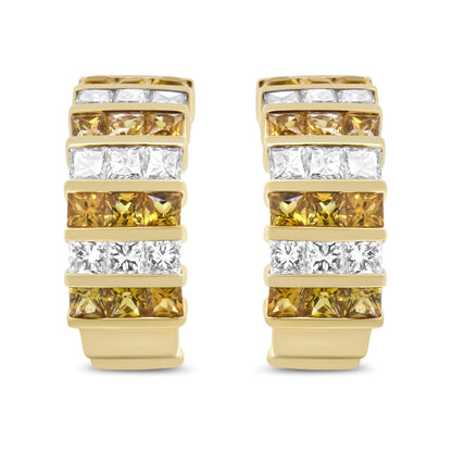 18K Yellow Gold 1 3/4 Cttw Invisible Set Princess Cut Diamond and 2.5mm Yellow Sapphire Huggie Hoop Earrings (F-G Color, VS1-VS2 Clarity) WEM Support (www.WEM.support)