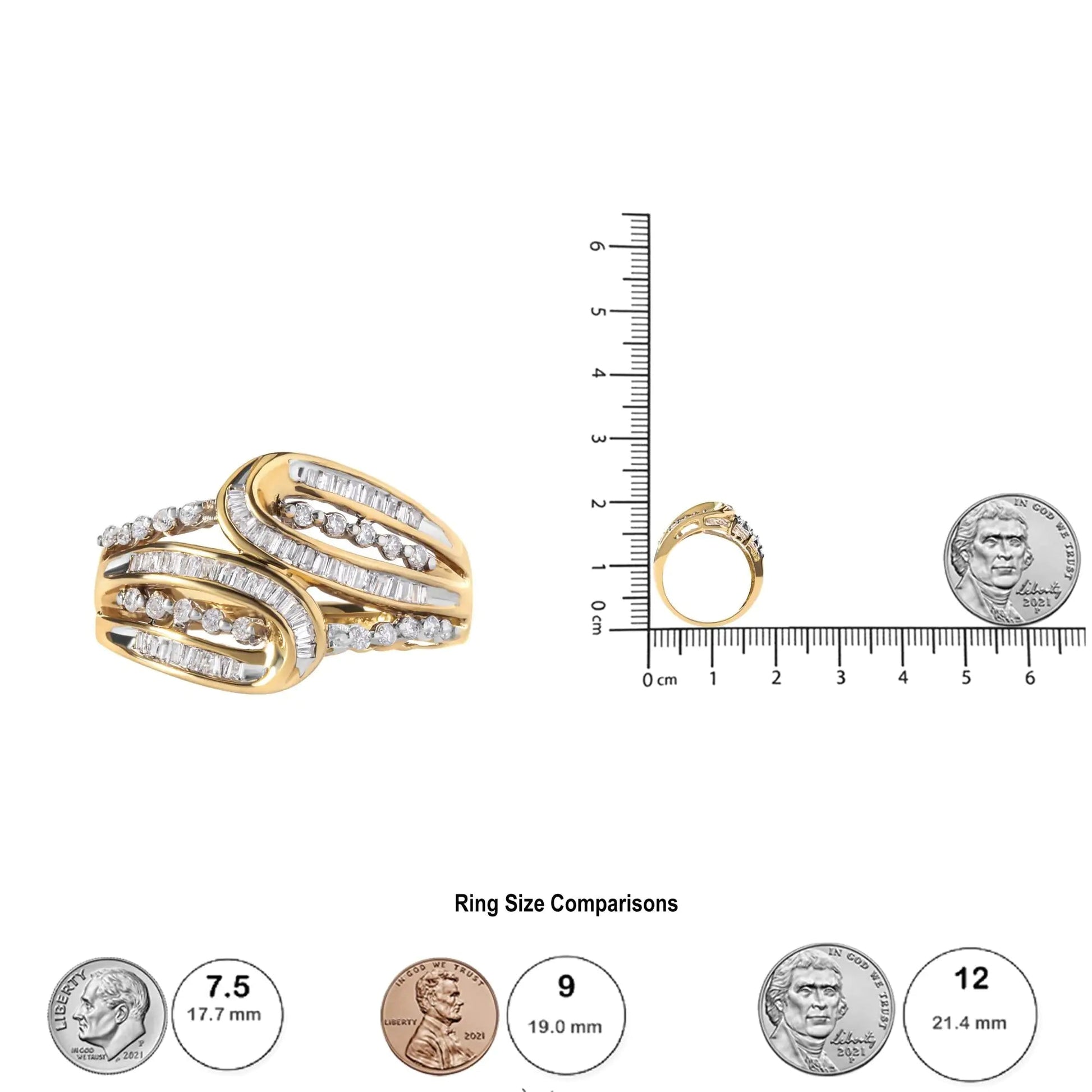 10K Yellow Gold 1/2 Cttw Round and Baguette cut Diamond Open Space Bypass Ring (H-I Color, SI2-I1 Clarity) WEM Support (www.WEM.support)