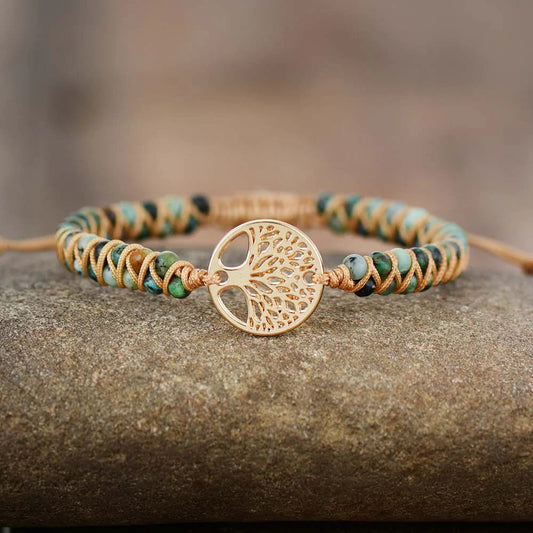 Tree Charm African Jasper Braided Yoga Bracelet WEM Support (www.WEM.support)