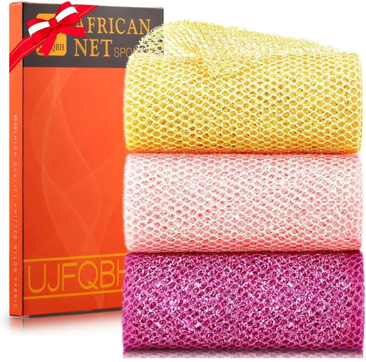 3 Piece Bright Style African exfoliating net Exfoliating Shower Set Long Bath Sponges for Smooth, Refreshed Skin, The Exterior Gleams - Ideal for Daily Use (Bright Yellow, Pink, Purple) Bright Yellow,Pink,Purple My Store