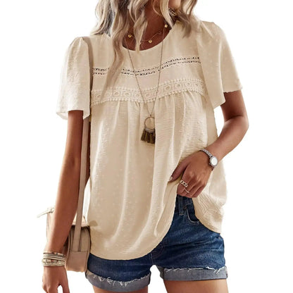 Womens Summer Tops Crewneck Short Sleeve Shirts Casual Chiffon Blouses Flowy Lace Hem Boho Clothing Trendy 2024 XX-Large Apricot My Store