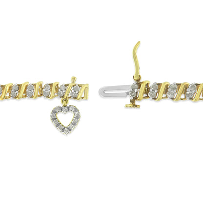 10K Yellow Gold 2.0 Cttw Diamond 2 Row Link and Heart Charm 7" Link Bracelet (I-J Color, I3 Clarity) WEM Support (www.WEM.support)