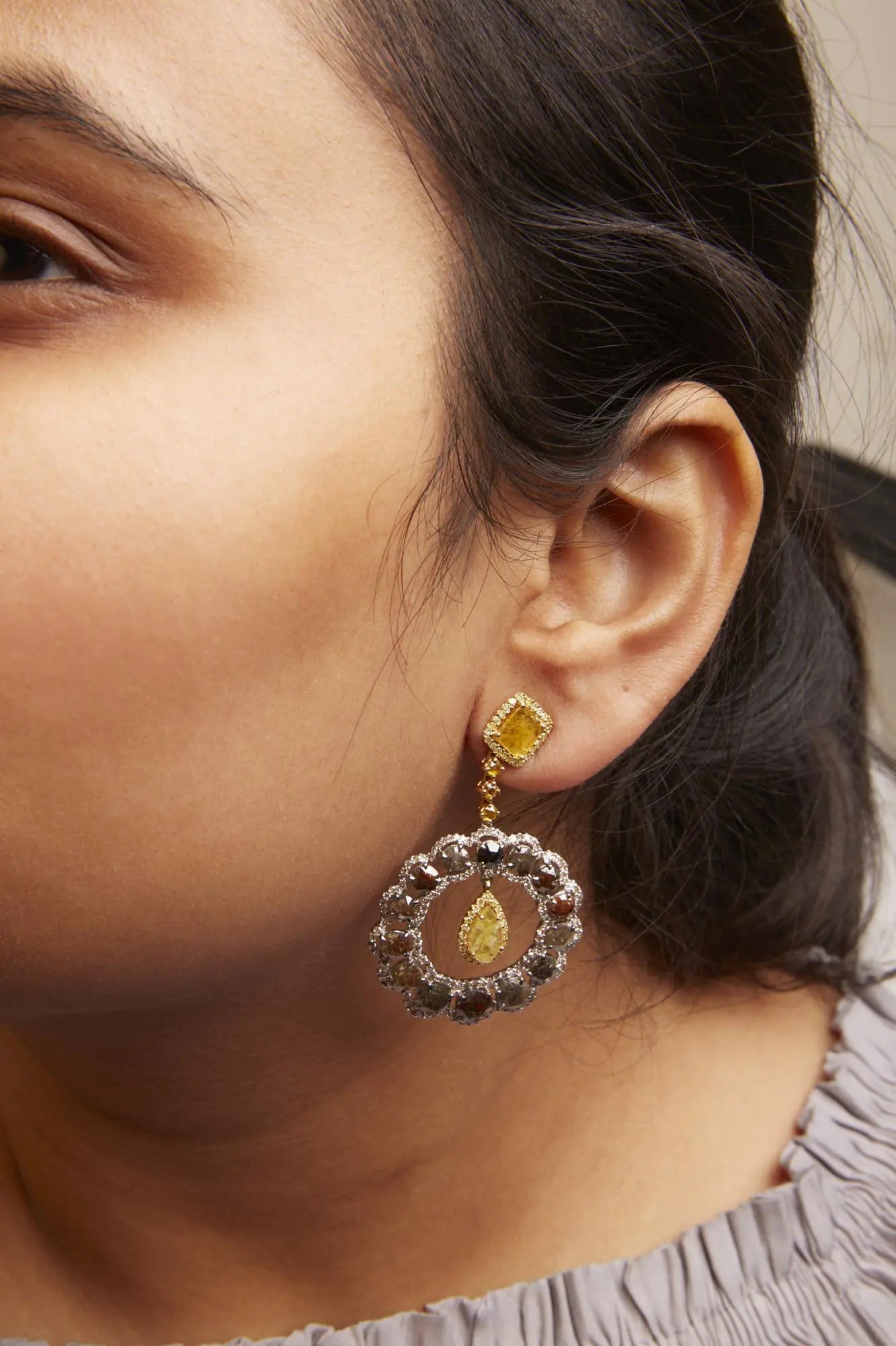 14K White and Yellow Gold 10.0 Cttw Mixed Natural Fancy Diamond Dangle Hoop and Bale Earrings (Yellow Color, I1-I2 Clarity) WEM Support (www.WEM.support)