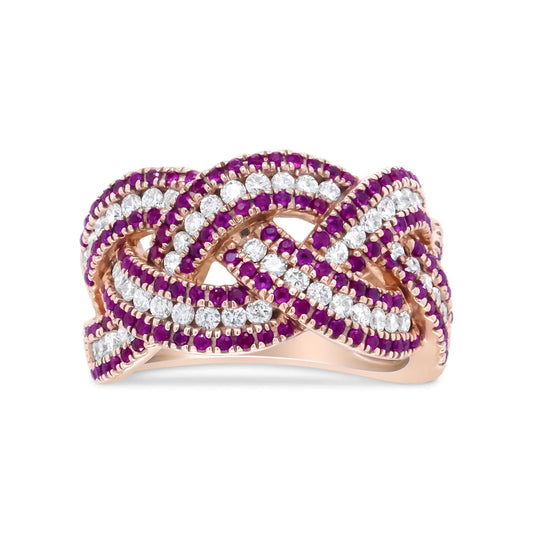 18K Rose Gold Red Ruby and 7/8 Cttw Diamond Woven Braided Band Ring (F-G Color, VS1-VS2 Clarity) WEM Support (www.WEM.support)