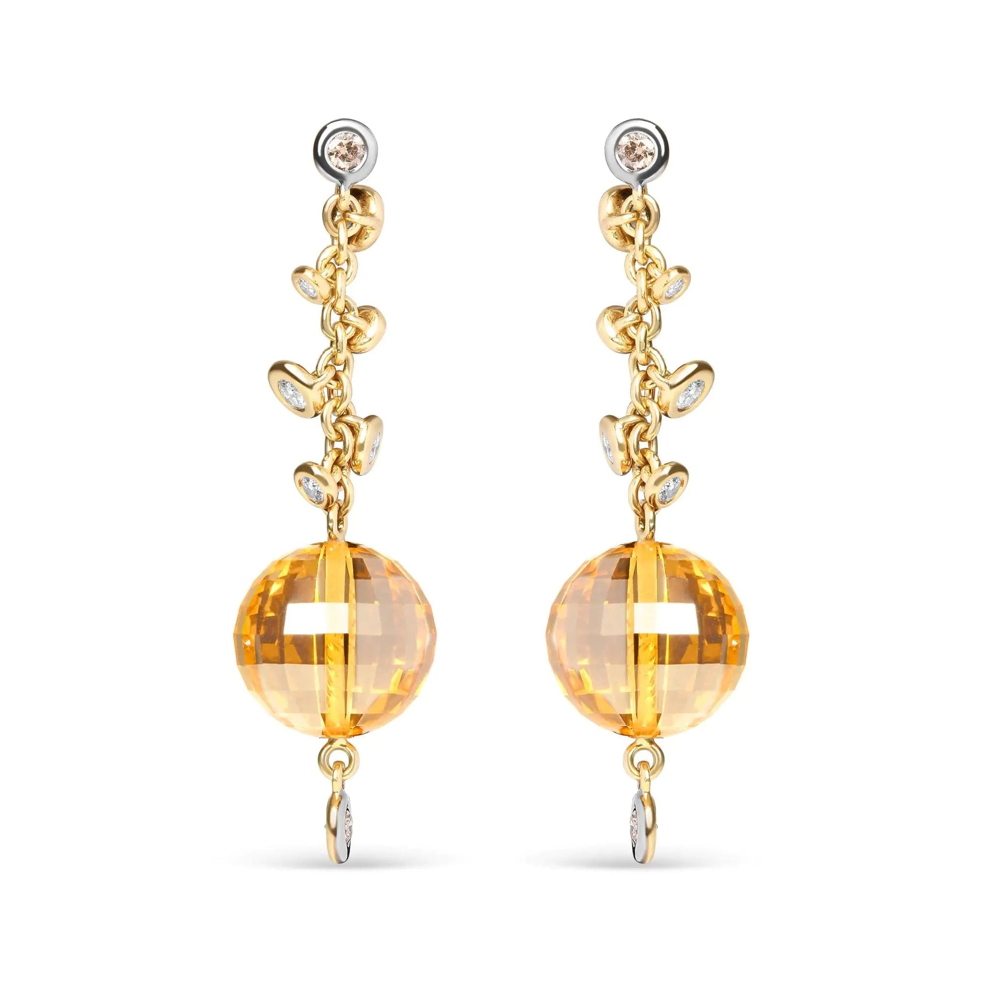 18K Yellow Gold 2/3 Cttw Round Bezel Diamond and 25mm Ball Shaped Yellow Citrine Gemstone Dangle Stud Earring (Brown and G-H Color, SI1-SI2 Clarity) WEM Support (www.WEM.support)