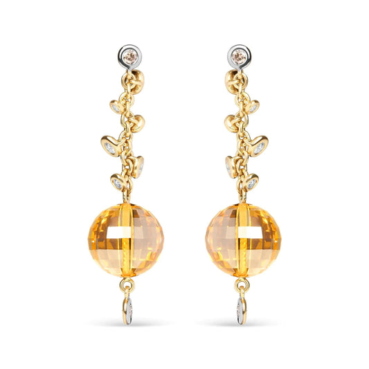 18K Yellow Gold 2/3 Cttw Round Bezel Diamond and 25mm Ball Shaped Yellow Citrine Gemstone Dangle Stud Earring (Brown and G-H Color, SI1-SI2 Clarity) WEM Support (www.WEM.support)