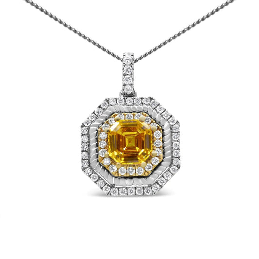 18K Weiß- und Gelbgold 2 1/4 Cttw Laborgezüchteter Gelber Asscher Schliff Diamant Art Deco Stil Halo 18" Anhänger Halskette (Gelb/G-H Farbe, VS1-VS2 Reinheit) WEM Support (www.WEM.support)