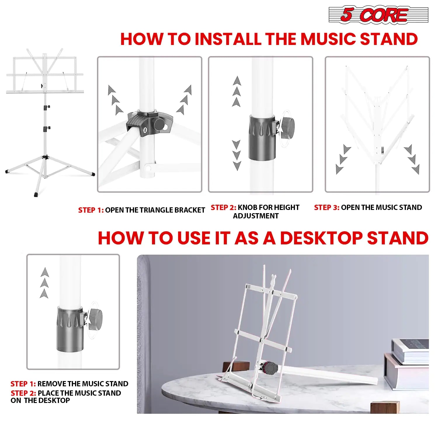 Suporte de Música 5Core para Partituras Portátil Tripé Ajustável Dobrável Porta-Notas BRANCO WEM Support (www.WEM.support)
