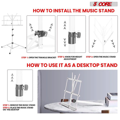 Suporte de Música 5Core para Partituras Portátil Tripé Ajustável Dobrável Porta-Notas BRANCO WEM Support (www.WEM.support)