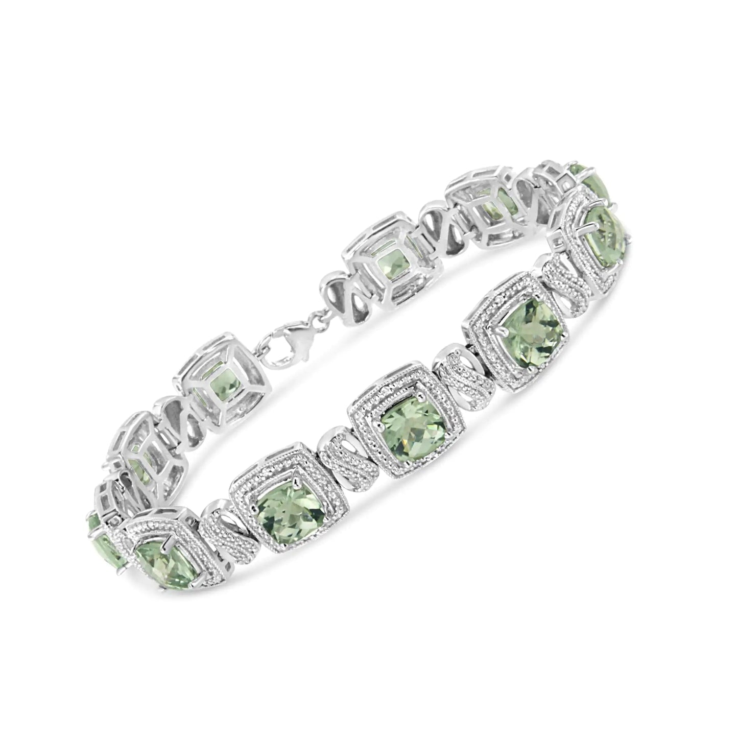 .925 Sterling Silver 7x7 mm Cushion Cut Green Amethyst and 1/10 cttw Single Cut Diamond Square Shape Tennis Bracelet (I-J Color, I1-I2 Clarity) - 7" WEM Support (www.WEM.support)