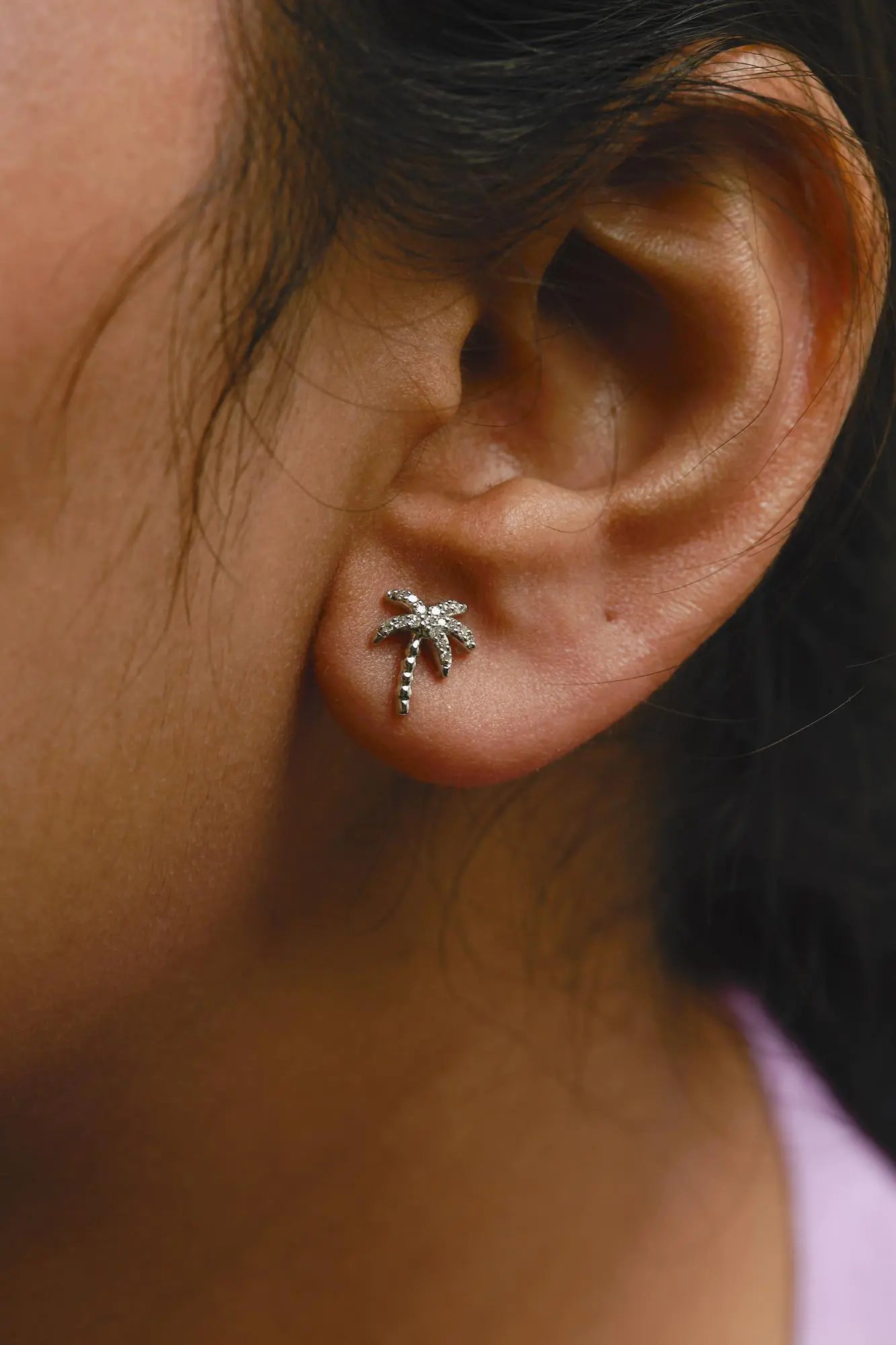10K White Gold 1/10 Cttw Diamond  Encrusted Palm Tree Stud Earrings (H-I Color, I1-I2 Clarity) WEM Support (www.WEM.support)