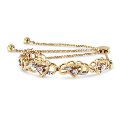 14K Yellow Gold Plated .925 Sterling Silver 1/10 Cttw Diamond Infinity Heart Shaped 4”-10” Adjustable Bolo Bracelet (H-I Color, I2-I3 Clarity) WEM Support (www.WEM.support)