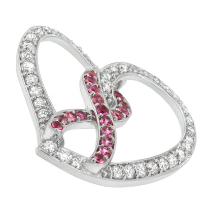 14K White Gold 3/4 Cttw White Diamond Awareness Ribbon & Open Heart 18" Pendant Necklace (H-I Color, I1-I2 Clarity) - 3/8 Cttw Created Pink Sapphire Ribbon WEM Support (www.WEM.support)