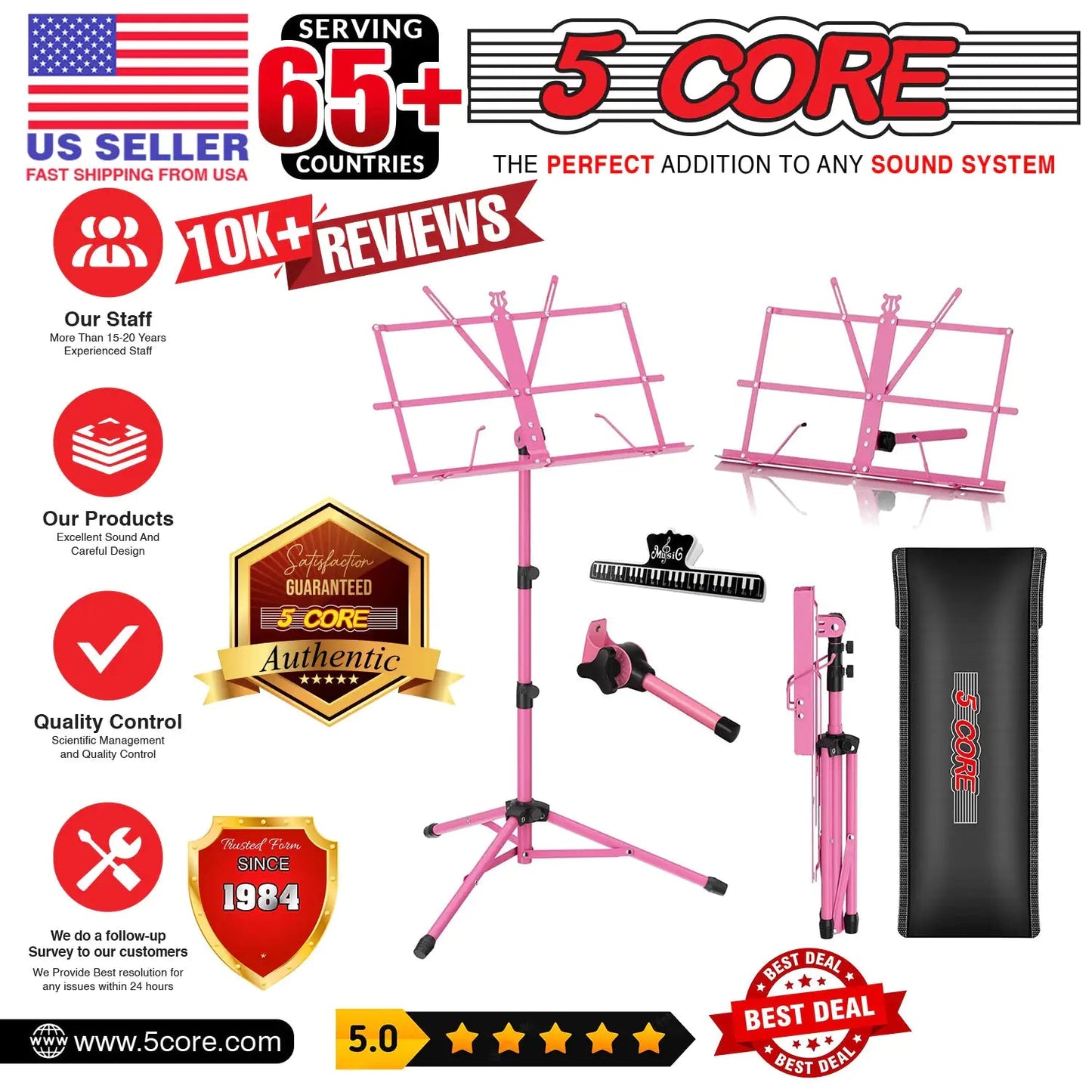 Suporte de Música 5Core para Partituras, Portátil, Tripé Ajustável, Dobrável, Porta-Notas, Rosa Intenso WEM Support (www.WEM.support)