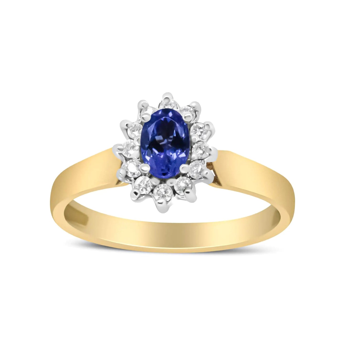 14K Yellow Gold 1/5 Cttw Round Diamond and 6x4mm Oval Blue Tanzanite Halo Ring (H-I Color, I1-I2 Clarity) WEM Support (www.WEM.support)